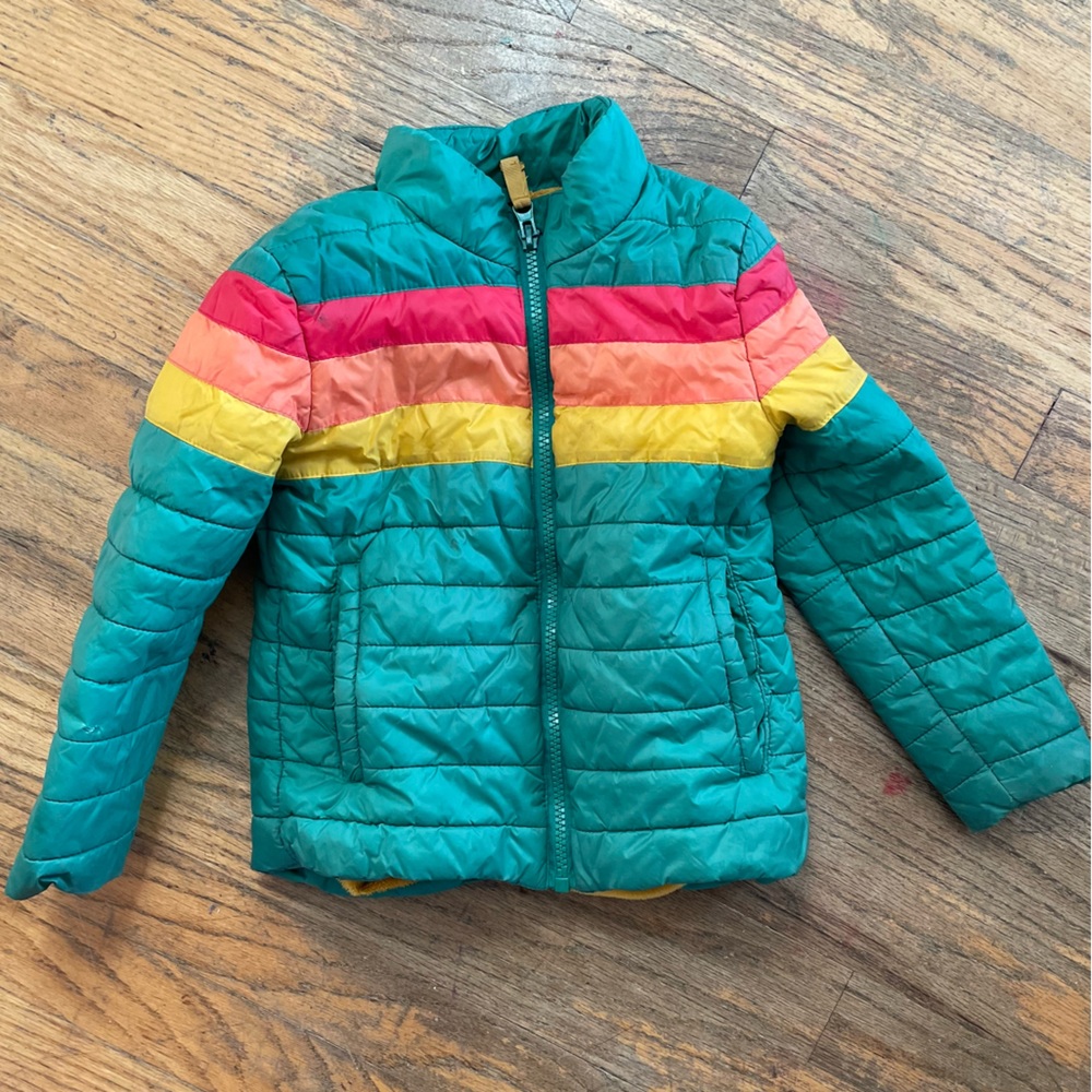 4T Cat & Jack rainbow green puffer with fleece lining. Gently used.